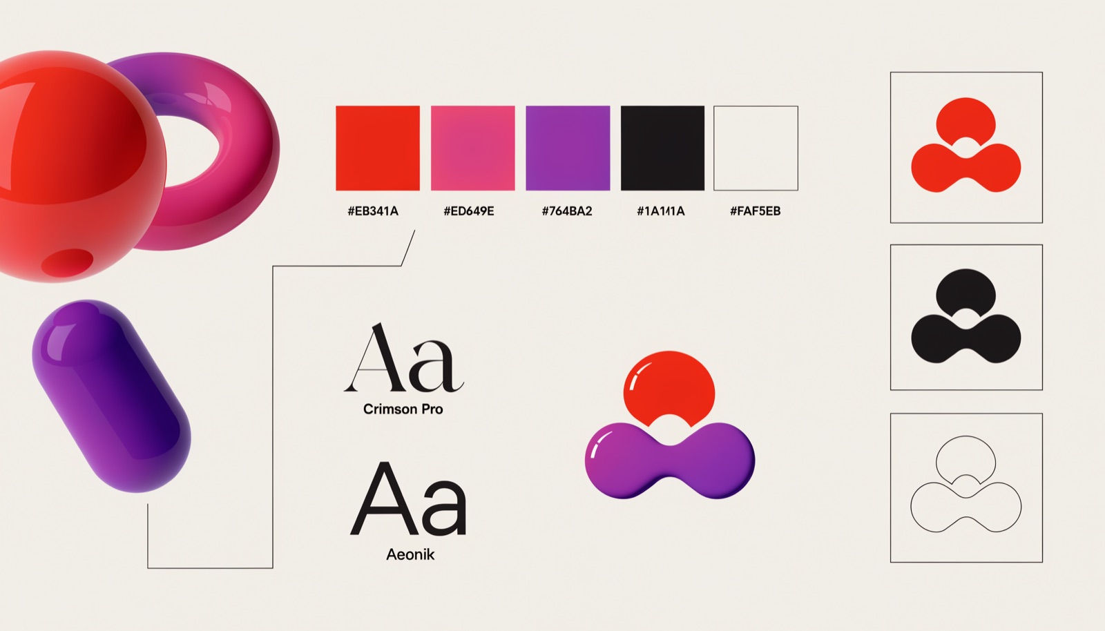 A brand identity system: 3D shapes, color swatches, type, and logo variations