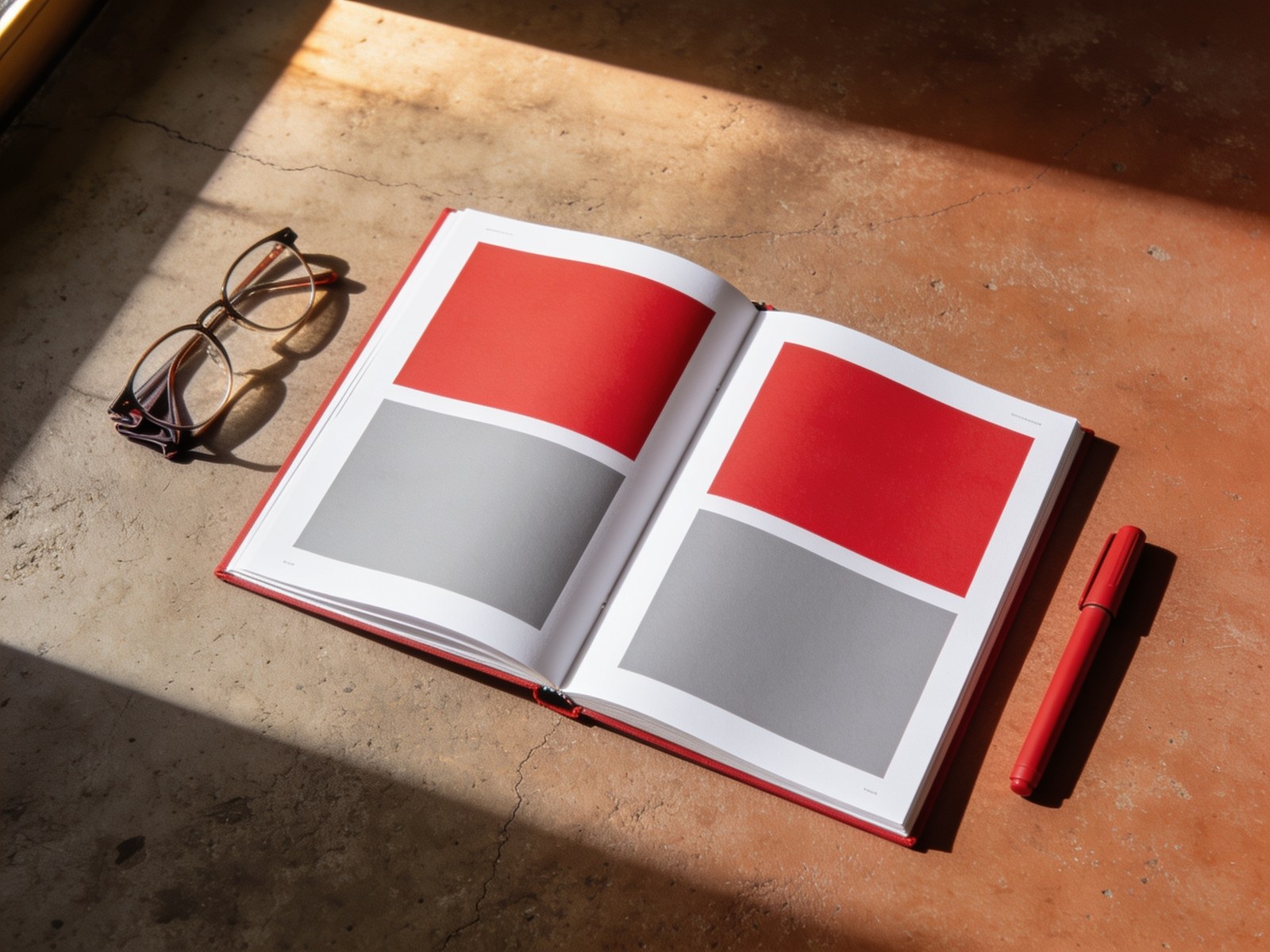 Open brand book showing red and grey colour blocks on a sunlit desk, beside a pair of glasses and a red pen