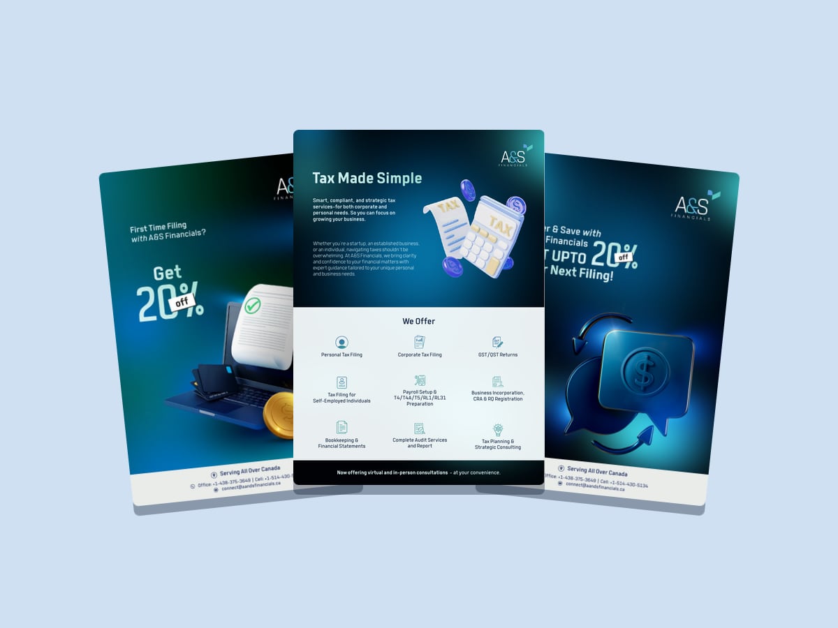 Three A&S Financials flyers: Tax Made Simple, 20% off first-time filing, and Refer & Save
