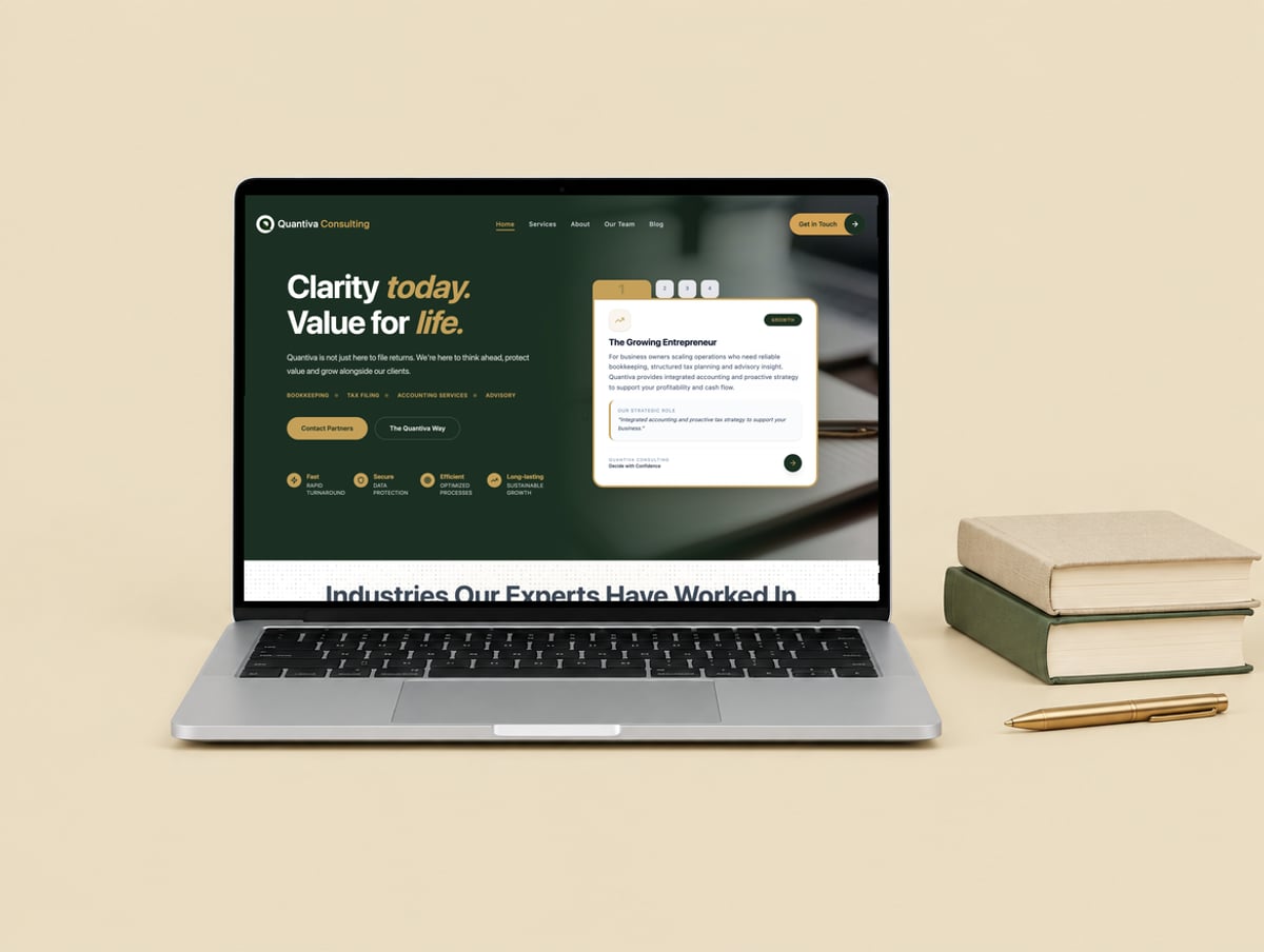 The Quantiva Consulting homepage on a laptop